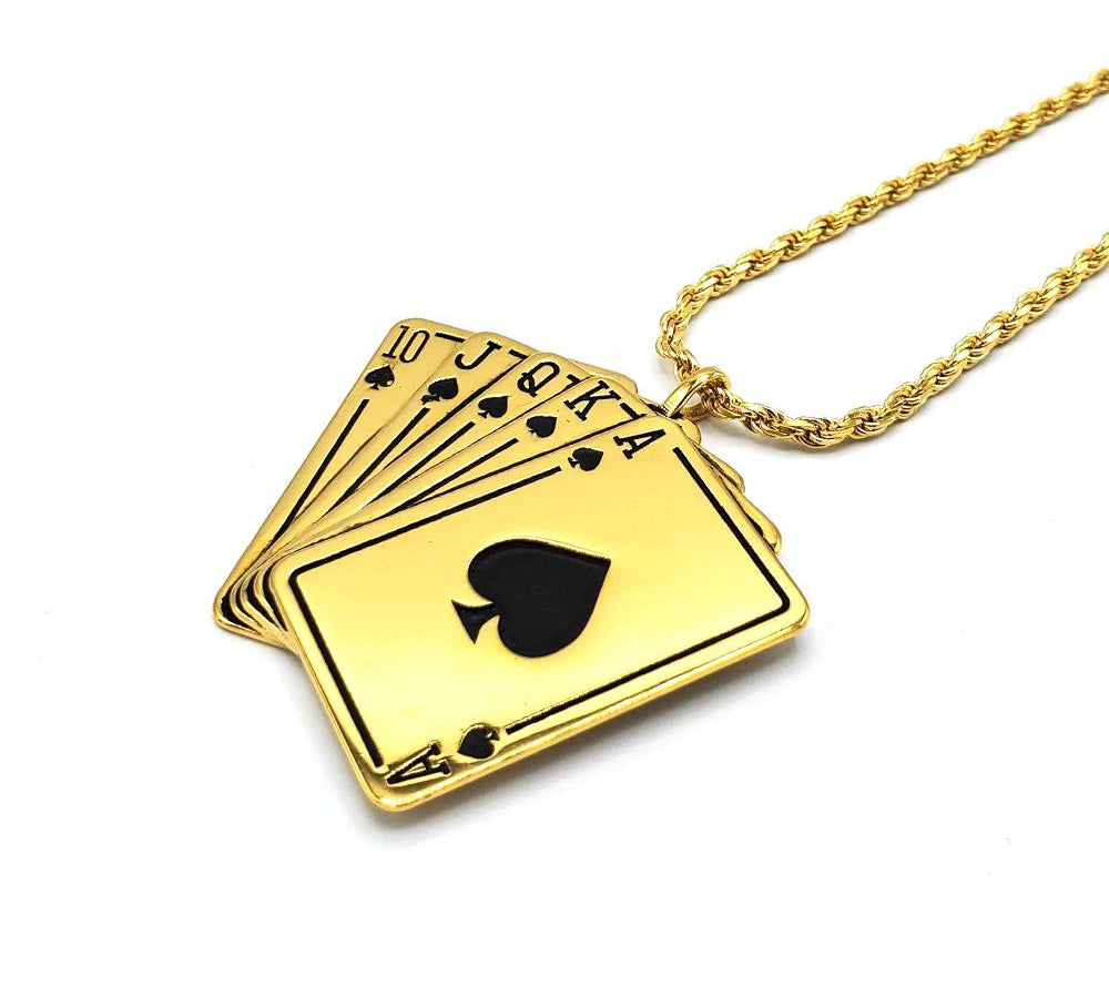 left shot of the Royal Flush Pendant in gold on a white surface