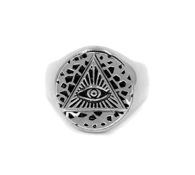 front of the All Seeing Eye Ring in Silver from the han cholo precious metal collection