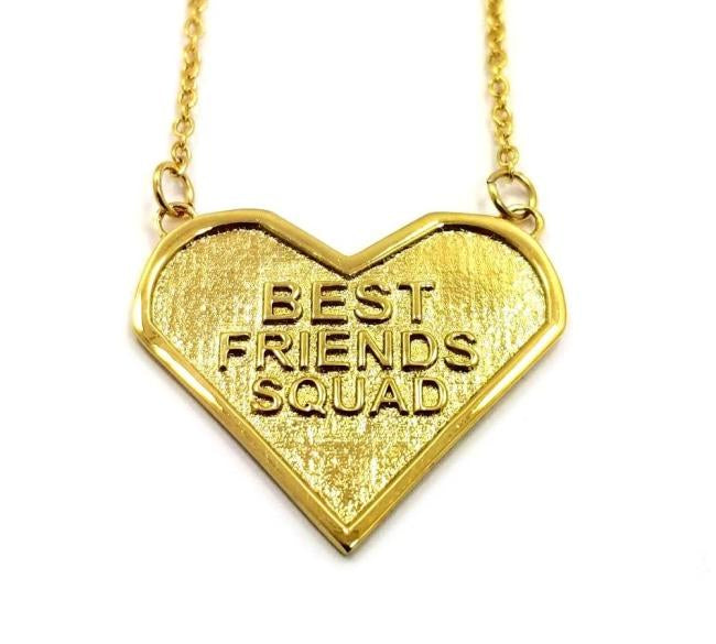 Front view of the best friends squad gold heart shaped pendant with chains on either side