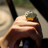 shot of a man wearing the Big Pyramid Ring in silver from the han cholo precious metal collection