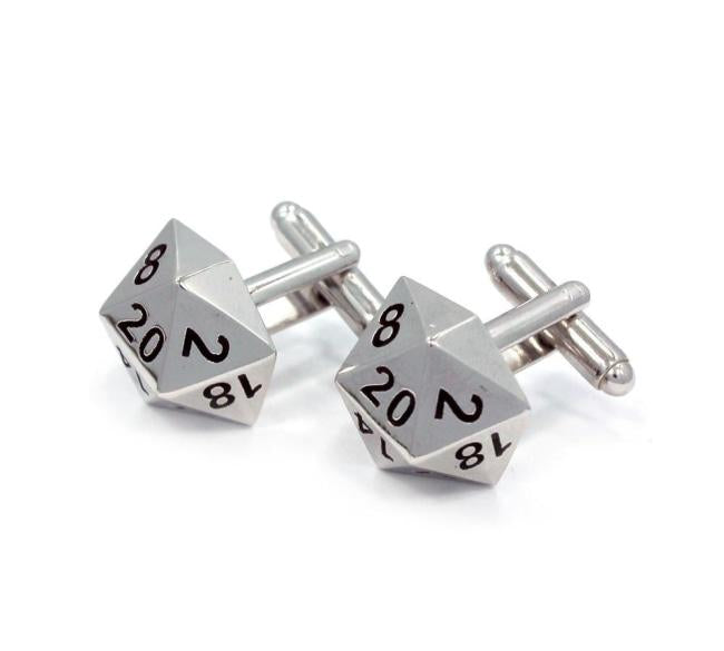 left shot of the D20 Cufflinks in silver on a white background