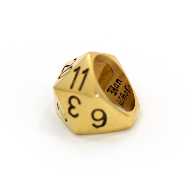 back left view of the D20 ring in gold on a white background