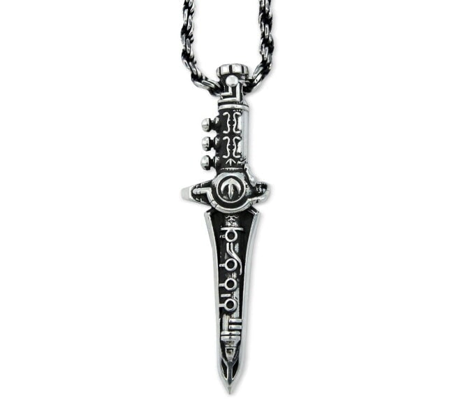 green ranger Dragon Dagger Pendant hanging on silver chain on a white background