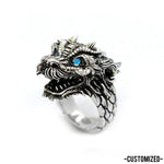 left angle of the Dragon Ring in silver from the han cholo fantasy collection with blue eyes