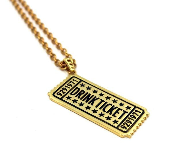 side angle of the drink ticket pendant in gold from the han cholo jewelry collection