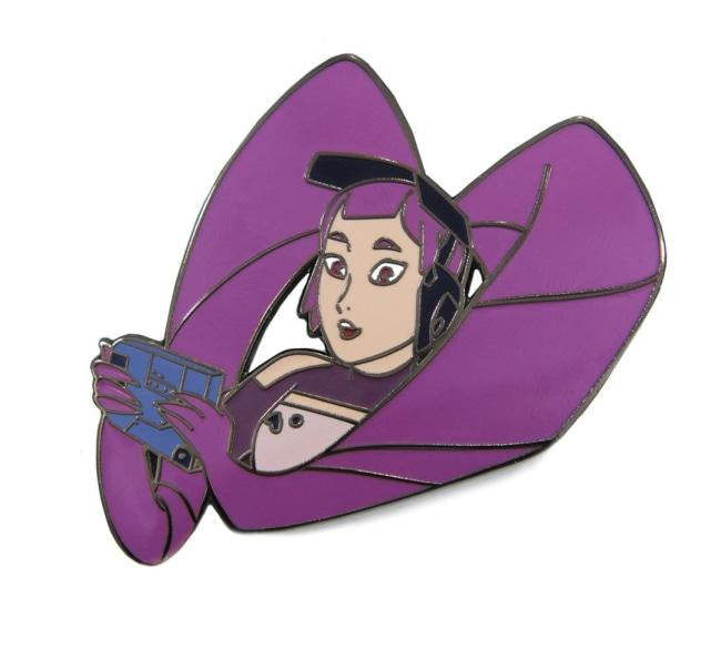 close up view of the entrapta enamel pin with an angled view tilted to the left