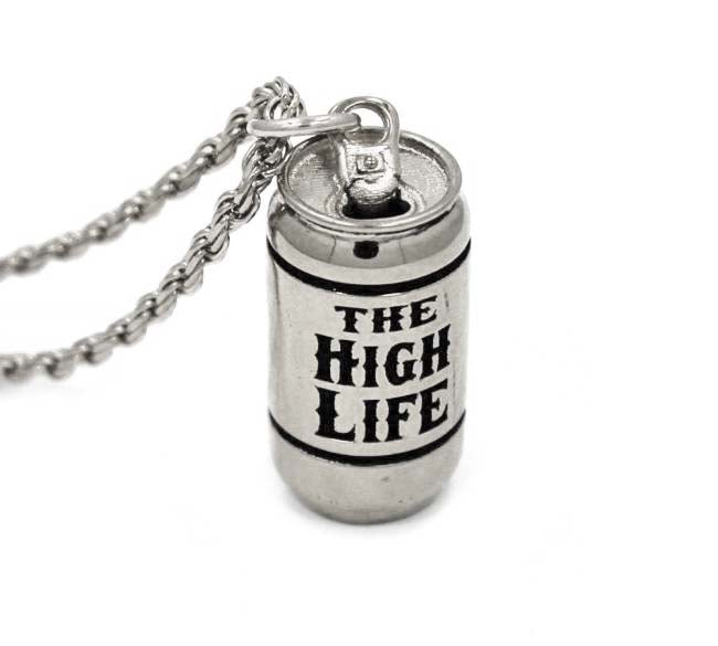 high life beer pendant, beer necklace, sterling silver pendant