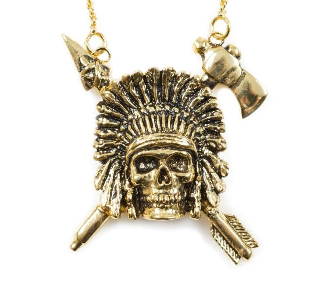 up close of the Indian Chief Necklace in gold from the han cholo skulls collection