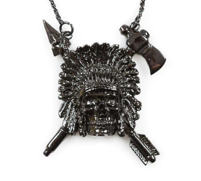 up close of the Indian Chief Necklace in gnumetal from the han cholo skulls collection