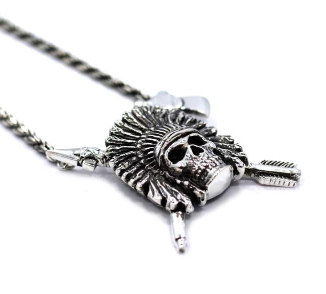 right side of the Indian Chief Necklace in silver from the han cholo skulls collection