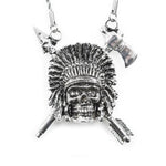up close of the Indian Chief Necklace in silver from the han cholo skulls collection
