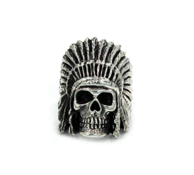 front of the Indian Chief Ring in silver from the han cholo skull collection