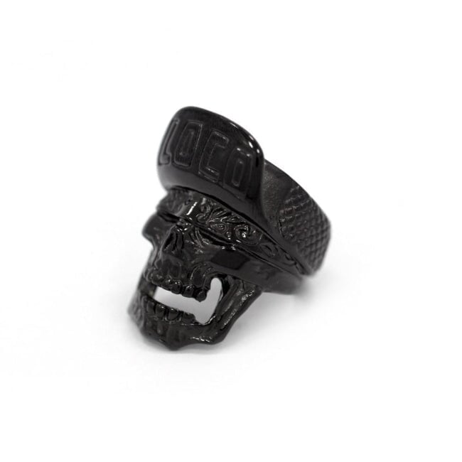 side of the Loco Skull Ring in gunmetal from the han cholo music collection