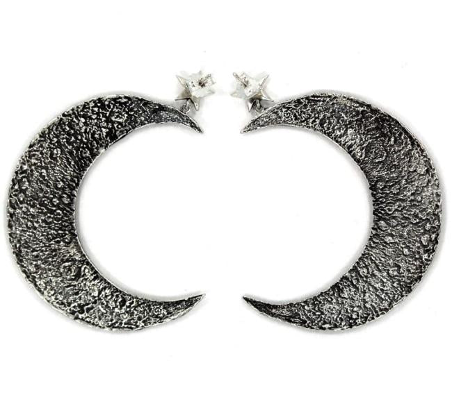 front of the Moon Earrings in silver from the han cholo fantasy collection