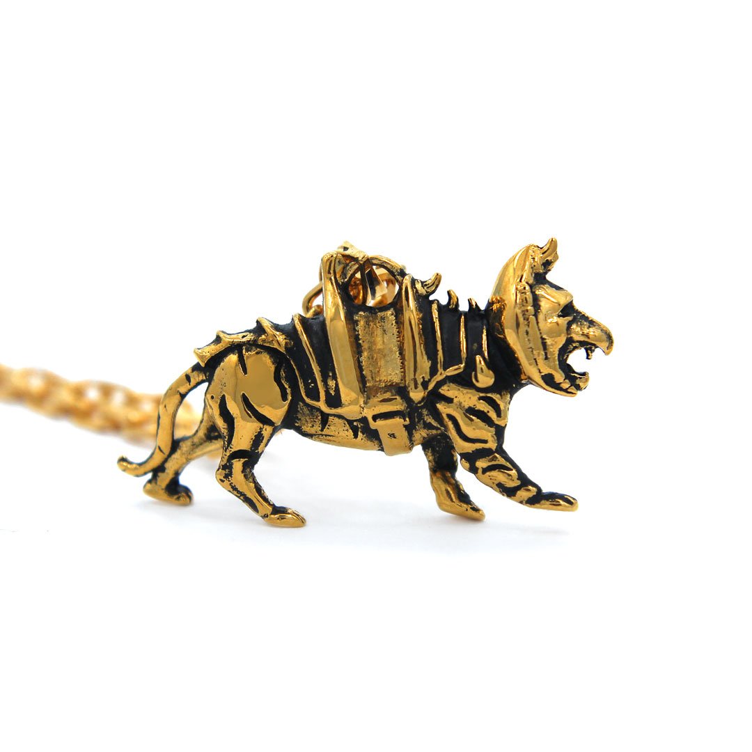 right side of the battlecat pendant in gold from the masters of the universe collection
