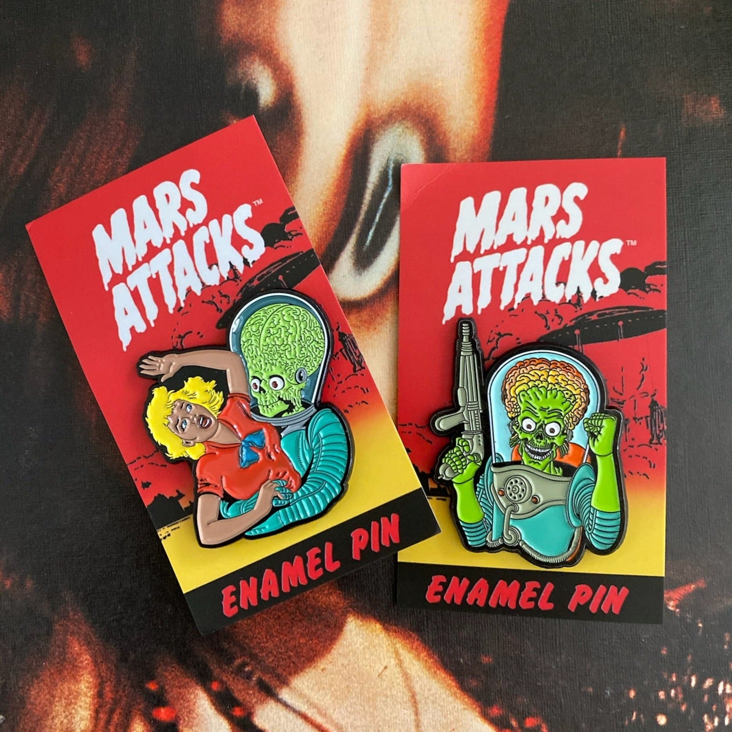 two mars attacks alien enamel pins