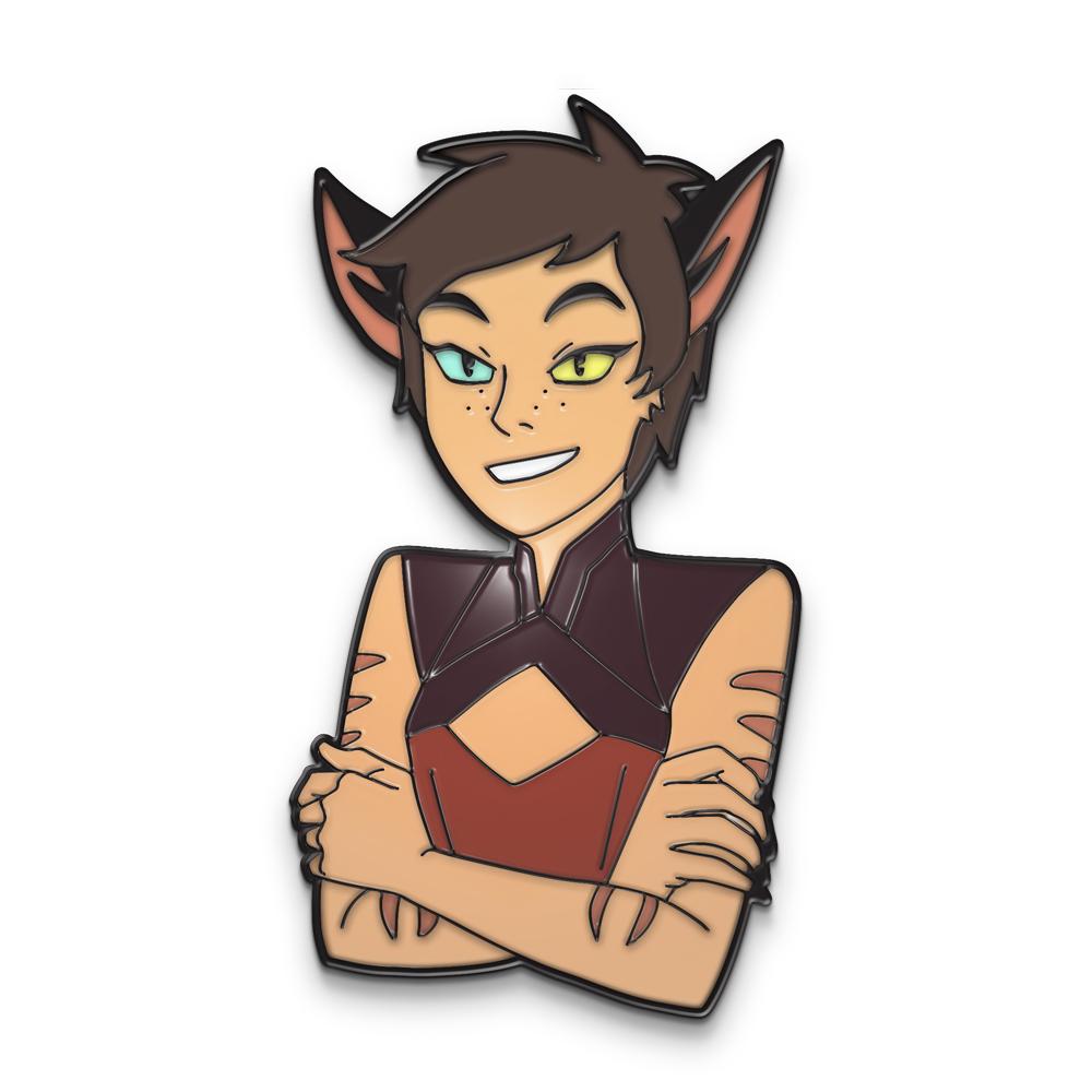 Front of the Adorable catra pin from she-ra and the princesses of power on a white surface