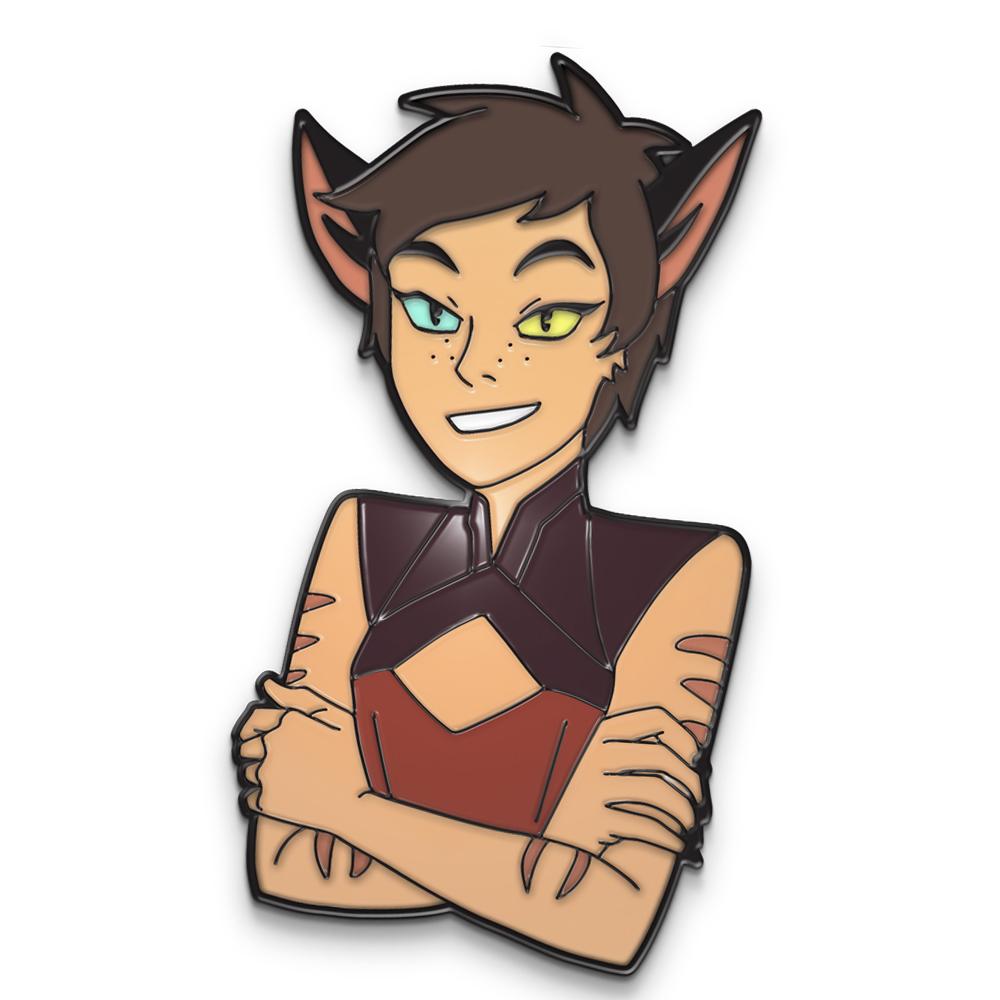 angle view of the Adorable catra pin from she-ra and the princesses of power on a white surface