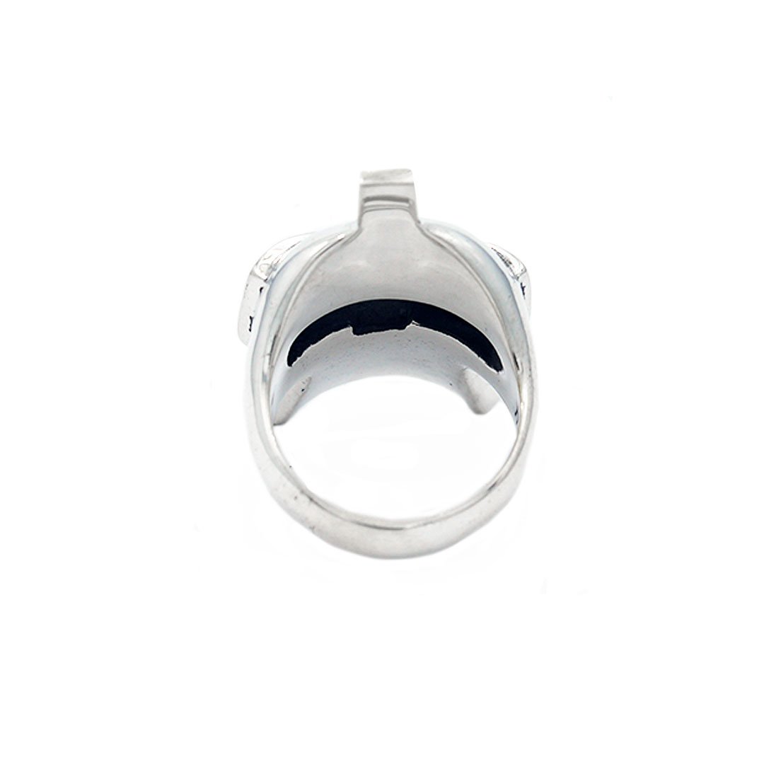 back of the raider ring in silver from the han cholo jewelry collection