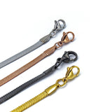 shot of the clasps of the gunmetal, silver, gold and rose gold herring bone chains side by side