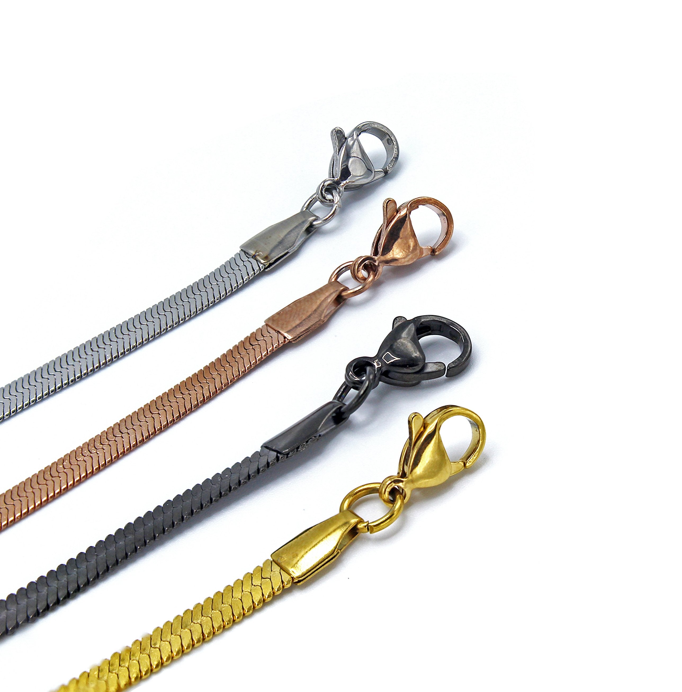 shot of the clasps of the gunmetal, silver, gold and rose gold herring bone chains side by side
