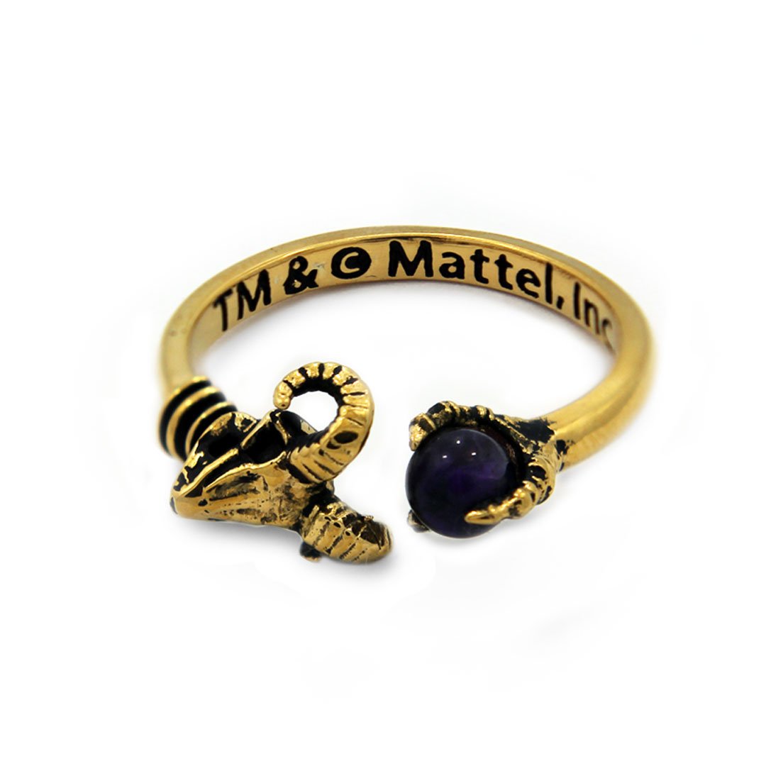 aerial shot of the Skeletor havoc Ring in gold  from the masters of the universe jewelry collection