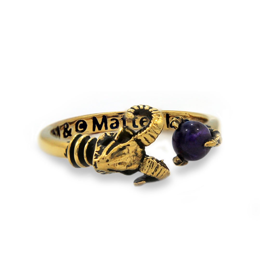 front of the Skeletor havoc Ring in gold from the masters of the universe jewelry collection