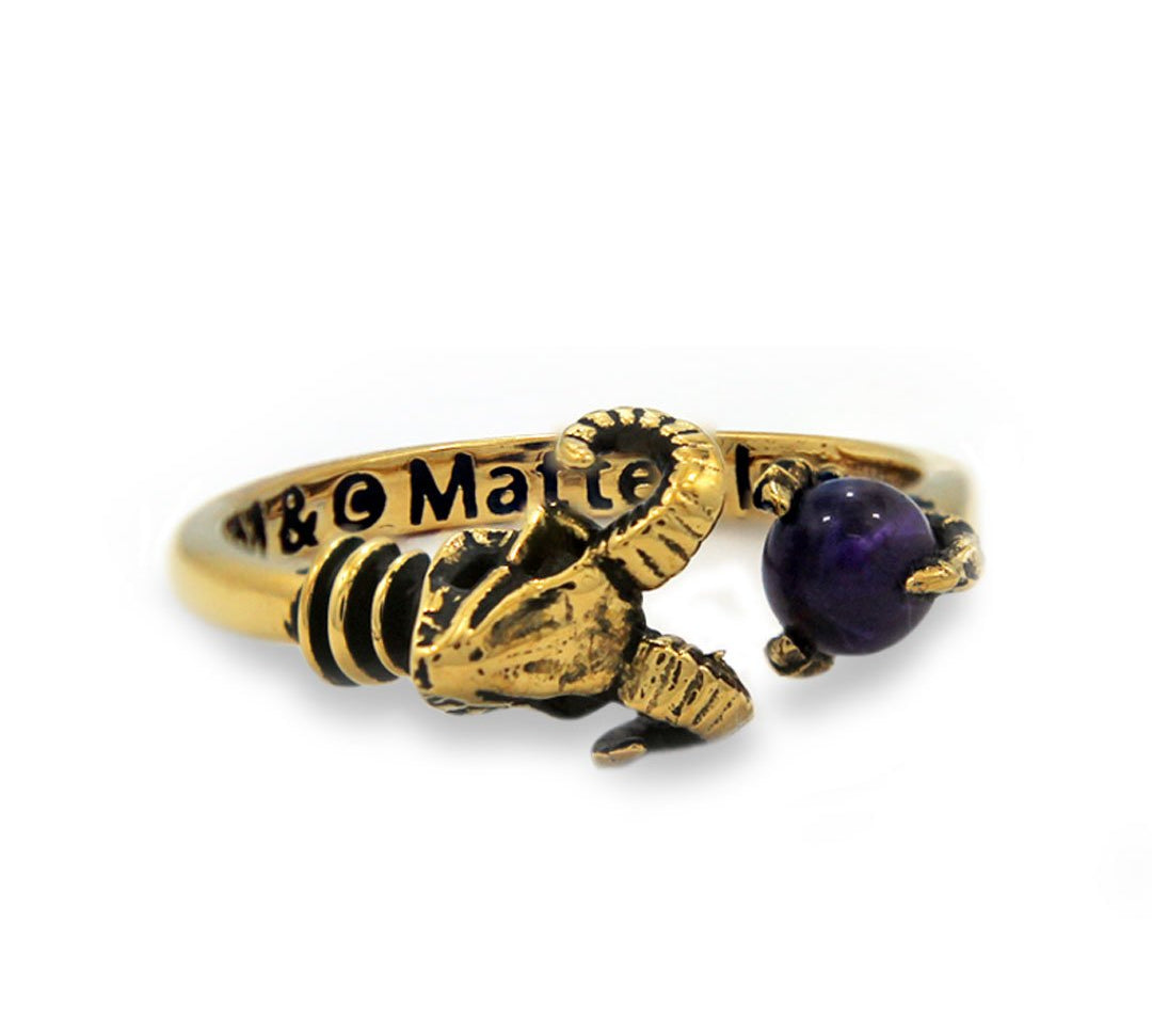 front of the Skeletor havoc Ring in gold from the masters of the universe jewelry collection