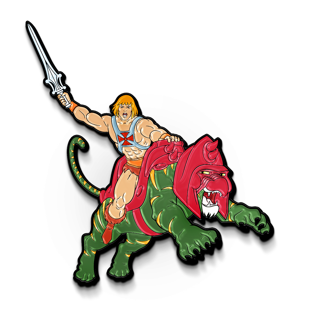 he-man enamel pin, he-man, battle cat, motu merch, masters of the universe