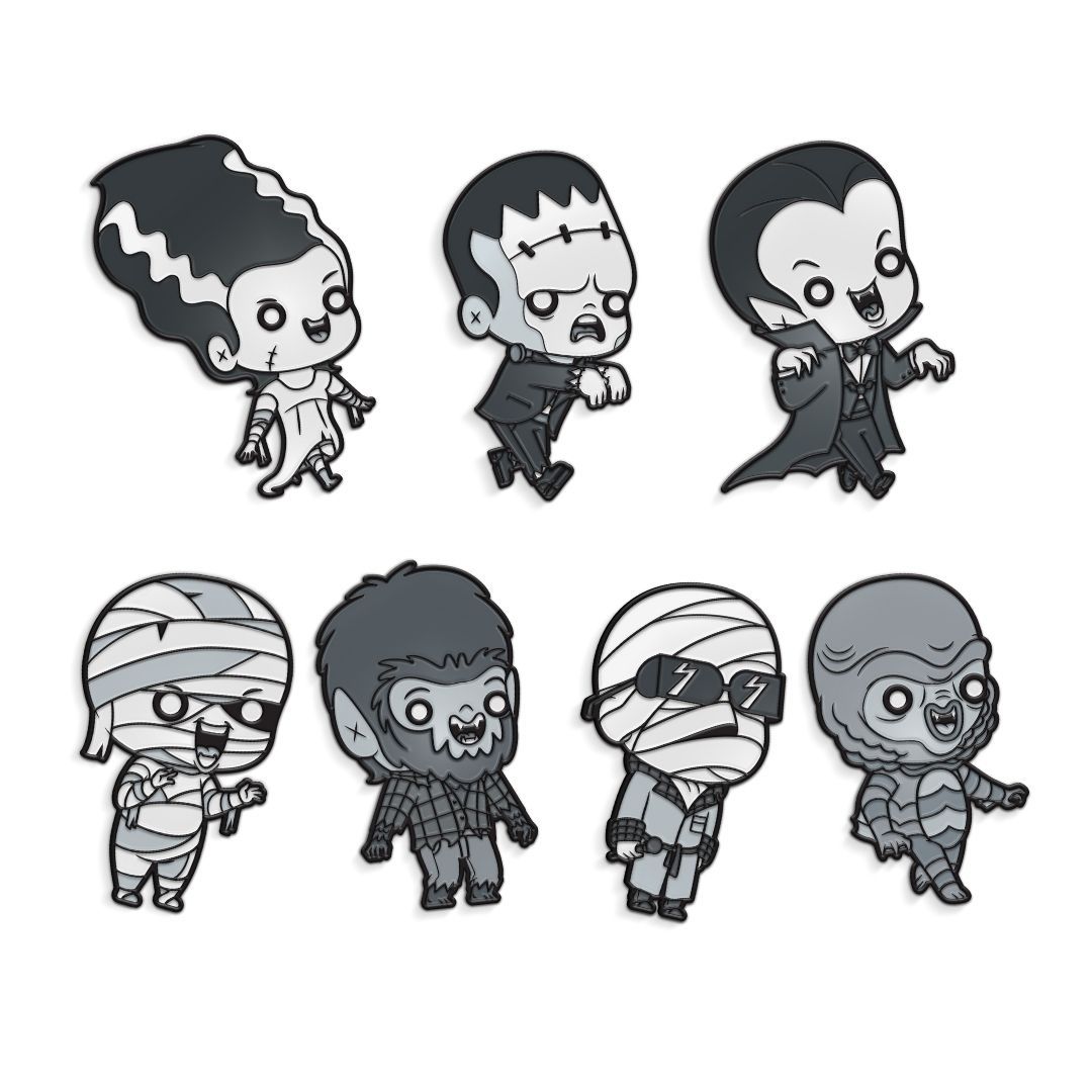universal monsters enamel pins, glow in the dark enamel pins, frankenstein, bride of frankenstein,