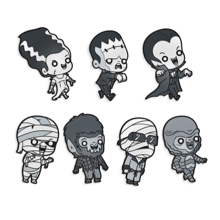 universal monsters enamel pins, glow in the dark enamel pins, frankenstein, bride of frankenstein,