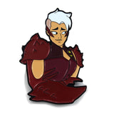 Front and up close view of the scorpia enamel pin angled to the right