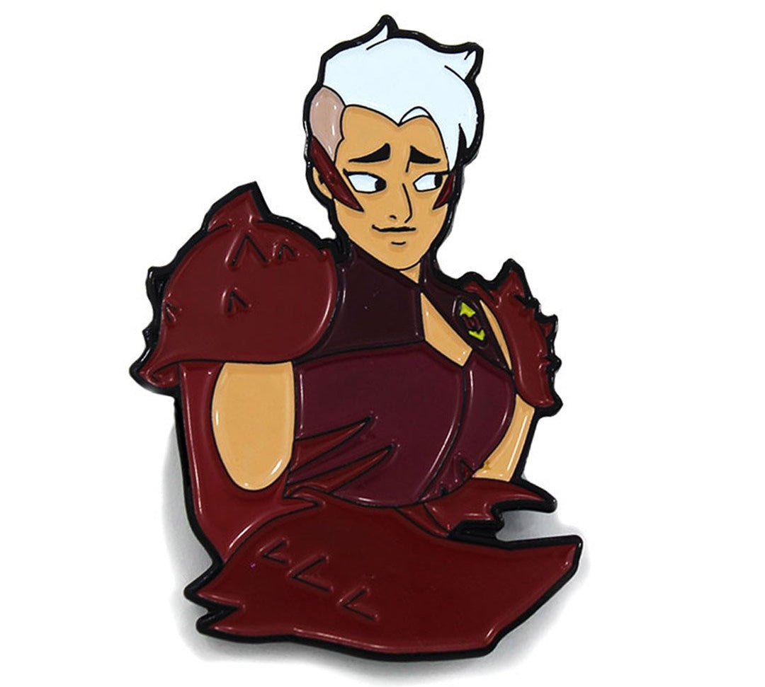 Front and up close view of the scorpia enamel pin angled to the right