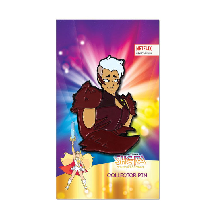Front view of the scorpia enamel pin on an officially licensed card 
