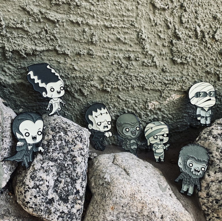 universal monsters enamel pins, glow in the dark enamel pins, frankenstein, bride of frankenstein,