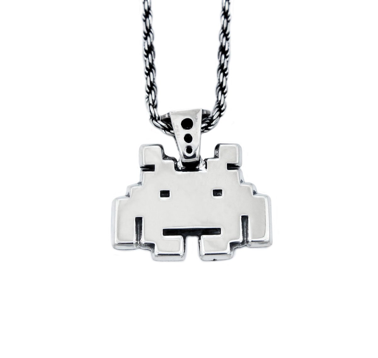 front view of the smiley invader pendant in silver on a white background