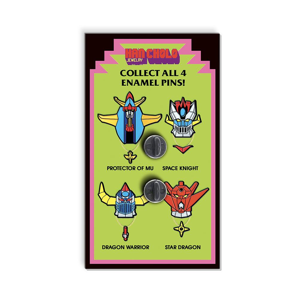 The Back of the Pincard for Han Cholos Han Cho Gun Enamel Pin set featuring Dragon Warrior, Space Knight, Protector of MU, and Star Dragon. Inspired by the Shogun Warrior Toys.