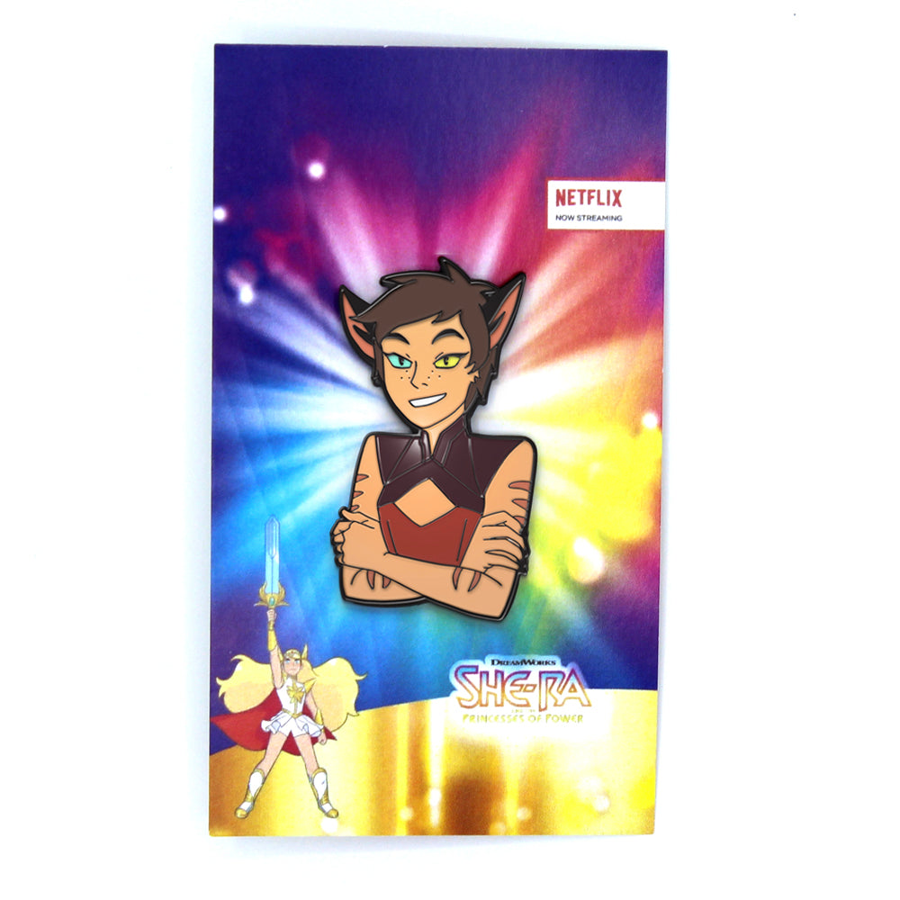 front of the Adorable catra pin from she-ra and the princesses of power on a pin card
