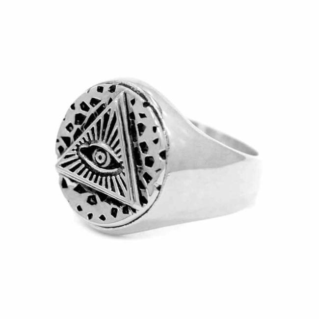 left side of the All Seeing Eye Ring in Silver from the han cholo precious metal collection