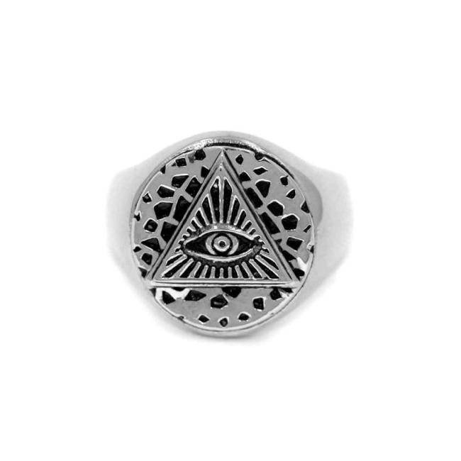 front of the All Seeing Eye Ring in Silver from the han cholo precious metal collection