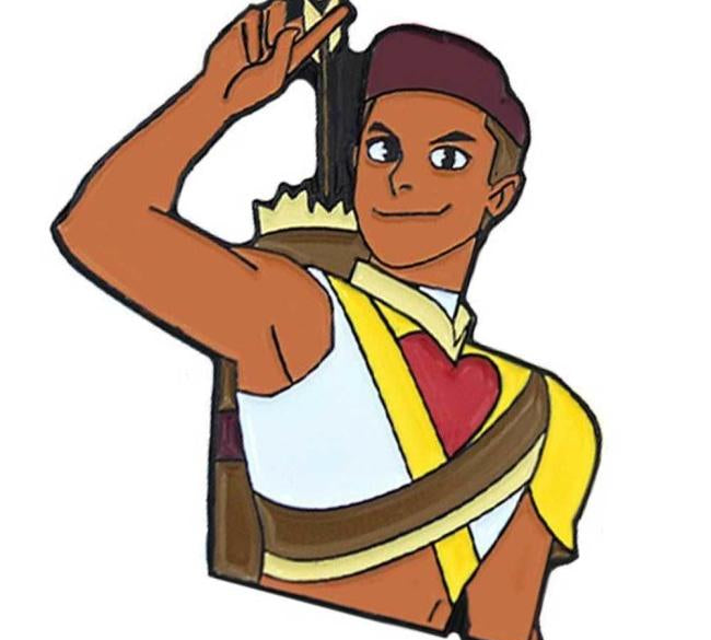 up close angled view of the Archer Bow Enamel Pin showing the colors and detail of the pin