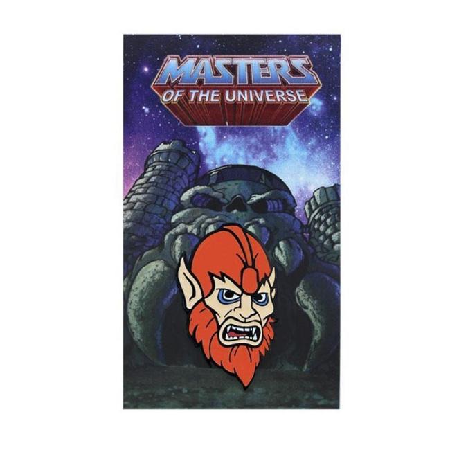 front of the beastman Enamel Pin on a masters of the universe pin card