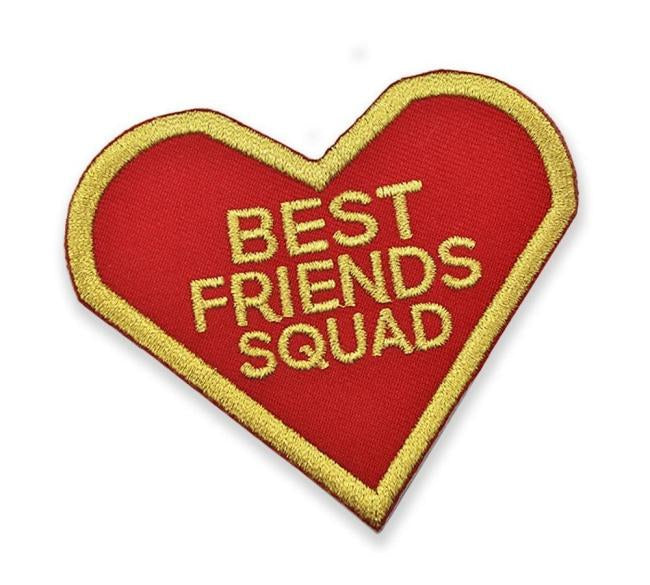 front angled view of the Best Friends Squad Patch showing the red and gold twill detail of the patch