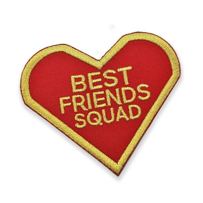 front angled view of the Best Friends Squad Patch showing the red and gold twill detail of the patch