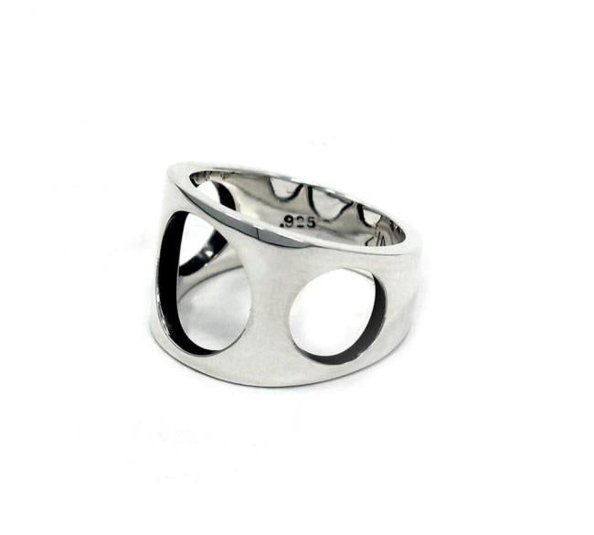 left side of the Big 3 Hole Ring in silver from the han cholo precious metal collection