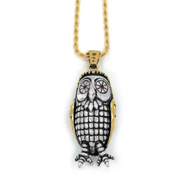 front of the Big Bobo Owl Pendant in 2 silver and gold from the han cholo fantasy collection