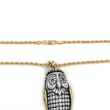 detail of the Big Bobo Owl Pendant in 2 silver and gold from the han cholo fantasy collection