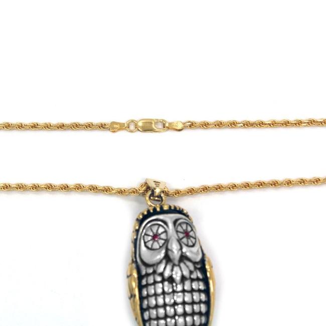 detail of the Big Bobo Owl Pendant in 2 silver and gold from the han cholo fantasy collection
