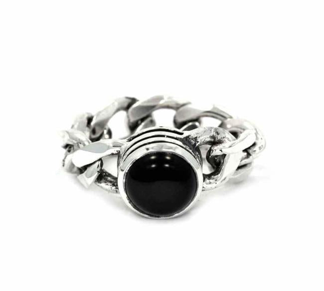 front of the Black Hole Sun Ring in Silver from the han cholo precious metal collection