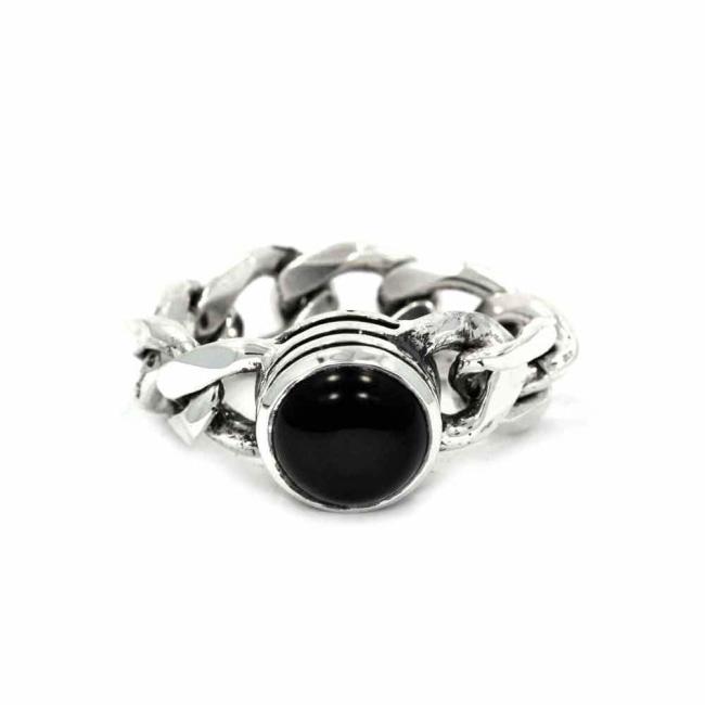 front of the Black Hole Sun Ring in Silver from the han cholo precious metal collection